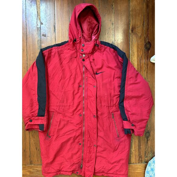 Red Vintage 90s Nike Long Coat Parka Big Logo Men's Large - Picture 5 of 10